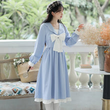 Load image into Gallery viewer, French Girl Dress Kawaii Fall Bowknot Sweet Gentle Blue Lotus Leaf Stitching Doll Collar Lovely Dress Y2K Women&#39;s Clothing 2021