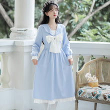 Load image into Gallery viewer, French Girl Dress Kawaii Fall Bowknot Sweet Gentle Blue Lotus Leaf Stitching Doll Collar Lovely Dress Y2K Women&#39;s Clothing 2021