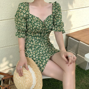 French Green Floral Dresses Women Sexy V-Neck Chiffon Korean Elegant Sweet Dress Casual Backless Party Mini Dress Summer 2021