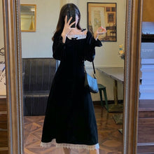 Load image into Gallery viewer, French Lace Retro Dresses Square Collar Velvet Dress Women Autumn Winter Splice Long-Sleeve Dress Palace Plus Size Long Skirt