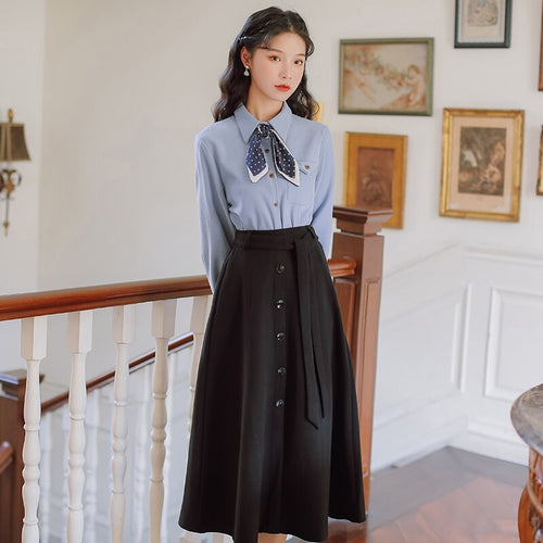 French Literary Elegance 2 Piece Set Women Outfits Bowknot Silk Scarf Tie Print Blue Lapel Shirt +Black Tie Skirt Retro OL Suit