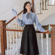 Load image into Gallery viewer, French Literary Elegance 2 Piece Set Women Outfits Bowknot Silk Scarf Tie Print Blue Lapel Shirt +Black Tie Skirt Retro OL Suit