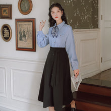 Load image into Gallery viewer, French Literary Elegance 2 Piece Set Women Outfits Bowknot Silk Scarf Tie Print Blue Lapel Shirt +Black Tie Skirt Retro OL Suit