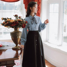 Load image into Gallery viewer, French Literary Elegance 2 Piece Set Women Outfits Bowknot Silk Scarf Tie Print Blue Lapel Shirt +Black Tie Skirt Retro OL Suit