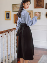 Load image into Gallery viewer, French Literary Elegance 2 Piece Set Women Outfits Bowknot Silk Scarf Tie Print Blue Lapel Shirt +Black Tie Skirt Retro OL Suit