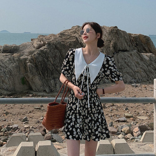 French Minority Lapel Chiffon Platycodon Grandiflorum High Waist Slim Floral Vintage Short Little Daisy Elegant Dress For Women