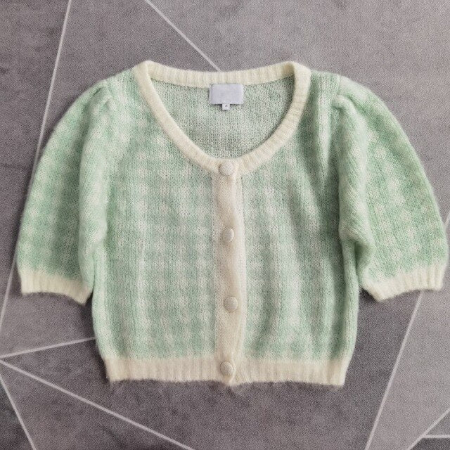 French Puff Short Sleeve Plaid Cropped Cardigan Women Summer Knitted Green Sweater Vintagen Y2k Vintage Cute Pink Crop Tops 2021