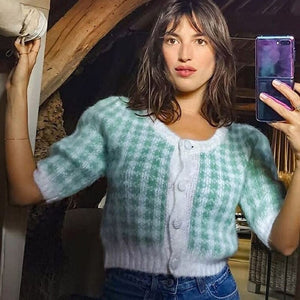 French Puff Short Sleeve Plaid Cropped Cardigan Women Summer Knitted Green Sweater Vintagen Y2k Vintage Cute Pink Crop Tops 2021