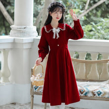 Load image into Gallery viewer, French Retro Doll Collar Dress Female Autumn Long Sleeve Bow Lotus Leaf Stitching Cute Dress Robe Femme Retro Red Vestido Midi