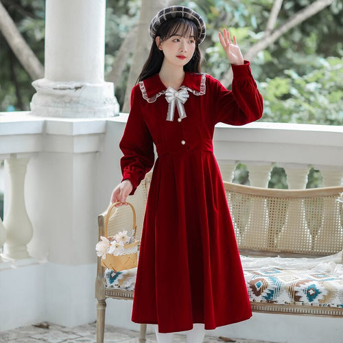 French Retro Doll Collar Dress Female Autumn Long Sleeve Bow Lotus Leaf Stitching Cute Dress Robe Femme Retro Red Vestido Midi