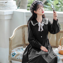 Load image into Gallery viewer, French Retro Doll Collar Dress Female Autumn Long Sleeve Bow Lotus Leaf Stitching Cute Dress Robe Femme Retro Red Vestido Midi