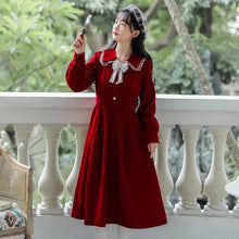 Load image into Gallery viewer, French Retro Doll Collar Dress Female Autumn Long Sleeve Bow Lotus Leaf Stitching Cute Dress Robe Femme Retro Red Vestido Midi