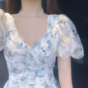 French Retro Elegan Floral Dress Women High Waist V-Neck Vintage Midi Dress Korean Short Sleeve Beach Outing Sweet Dress 2021