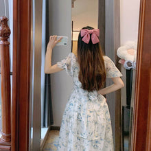 Load image into Gallery viewer, French Retro Elegan Floral Dress Women High Waist V-Neck Vintage Midi Dress Korean Short Sleeve Beach Outing Sweet Dress 2021