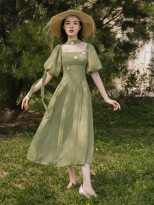 French Retro Girl Elegant Dress Women Summer 2021 Niche Chic Ladies Square Neck Puff Sleeve Elegant Flowers Sweet Dress Female