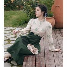 Load image into Gallery viewer, French Retro Lady Two Piece Set Fashion Autumn Stand-up Collar Print Blouse Female Flare Sleeve Top+Polka Dot Pleated Skirt Fall