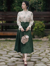 Load image into Gallery viewer, French Retro Lady Two Piece Set Fashion Autumn Stand-up Collar Print Blouse Female Flare Sleeve Top+Polka Dot Pleated Skirt Fall