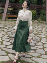 Load image into Gallery viewer, French Retro Lady Two Piece Set Fashion Autumn Stand-up Collar Print Blouse Female Flare Sleeve Top+Polka Dot Pleated Skirt Fall