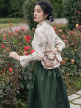 Load image into Gallery viewer, French Retro Lady Two Piece Set Fashion Autumn Stand-up Collar Print Blouse Female Flare Sleeve Top+Polka Dot Pleated Skirt Fall