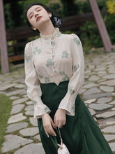 Load image into Gallery viewer, French Retro Lady Two Piece Set Fashion Autumn Stand-up Collar Print Blouse Female Flare Sleeve Top+Polka Dot Pleated Skirt Fall
