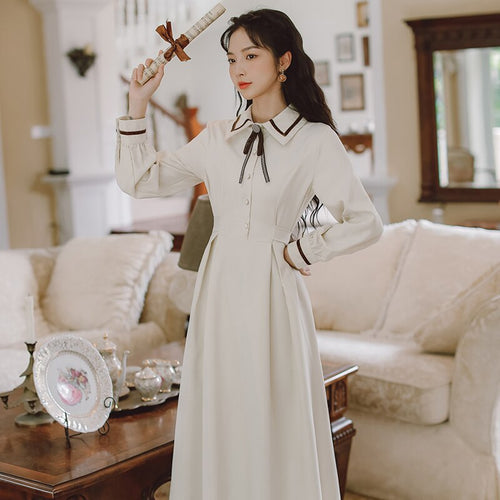 French Retro Long Sleeve Dress Women Casual Autumn Vestidos 2021 AliExpress Hot Sale Literary Girl Apricot Dresses Elegant Midi