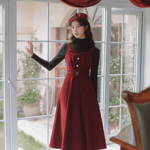 French Retro Strap Vestido Midi Corduroy Beading Vintage Sense Design Women Square Neck Elegant wild Strap Dresses Robe Femme