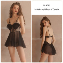 Load image into Gallery viewer, French Romantic Nightdress Sexy Lingerie Womens Mesh V-Neck Perspective Pajamas Suspender Skirt with Chest Pad Home Wear Suit