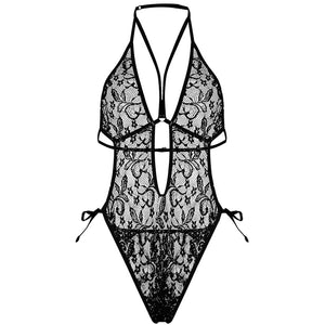 French Sexy Black Collarless Bodysuit Halter Lace Hollow Pajamas Vintage Ultimate Seduction Erotic Slut Lingerie Bodysuit  Sexy