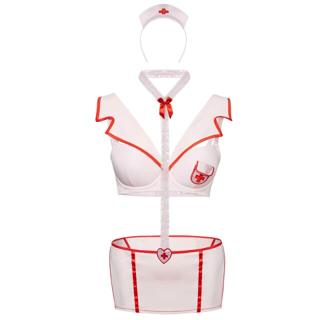 French Sexy Lingerie Female Nurse Uniform Summer Sleepwear Suit Gathers Rim Passion Hot Bra Set Two-piece Panties and Bra Set