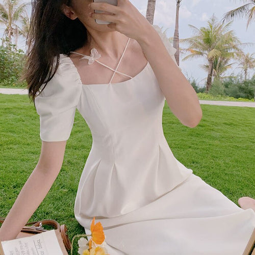 French Square Collar White First Love Dress 2021 Summer New Retro Super Fairy Puff Sleeve Temperament Mid-Length Dress