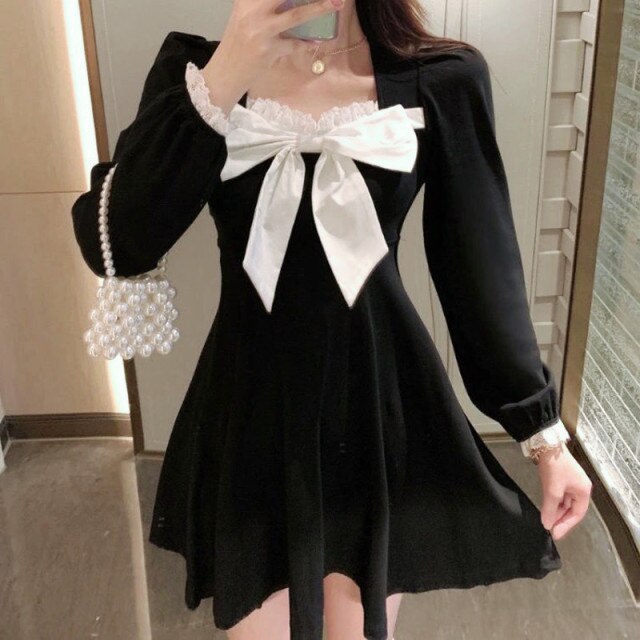 French Square Neck Dress Women Sexy Short Skirt Gentle Plus Size Black Dress Long Sleeve Autumn Bowknot Stitching Dresses 2XL