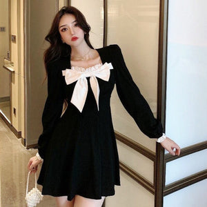 French Square Neck Dress Women Sexy Short Skirt Gentle Plus Size Black Dress Long Sleeve Autumn Bowknot Stitching Dresses 2XL