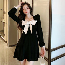 Load image into Gallery viewer, French Square Neck Dress Women Sexy Short Skirt Gentle Plus Size Black Dress Long Sleeve Autumn Bowknot Stitching Dresses 2XL