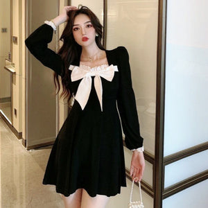 French Square Neck Dress Women Sexy Short Skirt Gentle Plus Size Black Dress Long Sleeve Autumn Bowknot Stitching Dresses 2XL