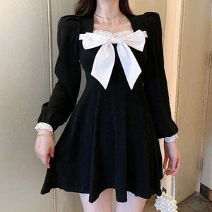 French Square Neck Dress Women Sexy Short Skirt Gentle Plus Size Black Dress Long Sleeve Autumn Bowknot Stitching Dresses 2XL