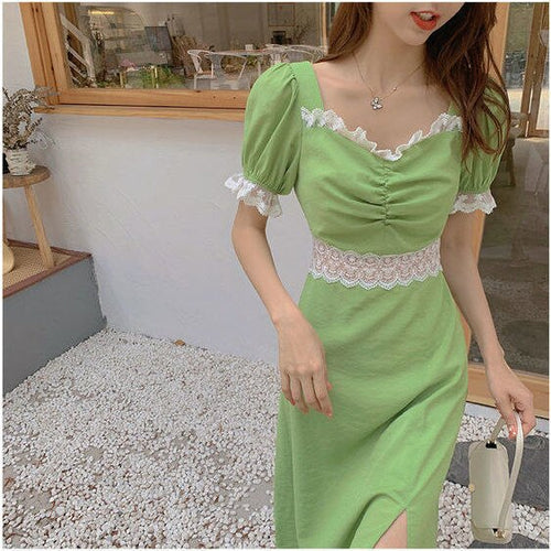 French Square Neck Dress Women Summer Party Dress New Lace Splicing Trumpet Sleeve Sweet Retro Dress Slim Slit Dress