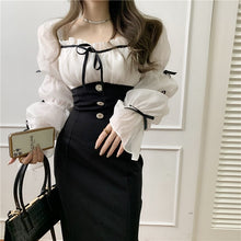 Load image into Gallery viewer, French Style Spring Women&#39;s Dress Office Lady Elegant Chiffon Patchwork Bow Square Collar Lantern Sleeve Slim Fashion Dresses