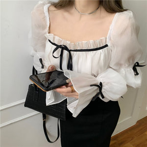 French Style Spring Women's Dress Office Lady Elegant Chiffon Patchwork Bow Square Collar Lantern Sleeve Slim Fashion Dresses