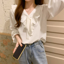 Load image into Gallery viewer, French Style V Neck Ruffles Shirt Women Simple Loose Solid Color Casual Vintage Women Blouse Korean Chic Office Lady Blusas Moda