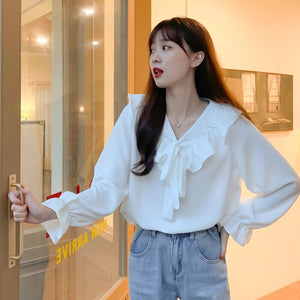 French Style V Neck Ruffles Shirt Women Simple Loose Solid Color Casual Vintage Women Blouse Korean Chic Office Lady Blusas Moda