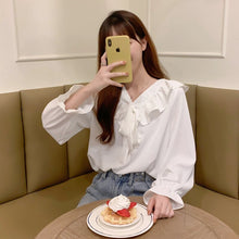 Load image into Gallery viewer, French Style V Neck Ruffles Shirt Women Simple Loose Solid Color Casual Vintage Women Blouse Korean Chic Office Lady Blusas Moda