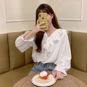 French Style V Neck Ruffles Shirt Women Simple Loose Solid Color Casual Vintage Women Blouse Korean Chic Office Lady Blusas Moda