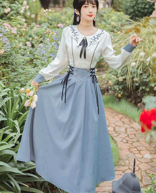 French Style Vintage Woman Dress Sweet Embroidery Peter Pan Collar Lantern Sleeve Bandage Mori Girl Dresses Vestidos Largos