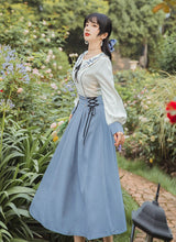 Load image into Gallery viewer, French Style Vintage Woman Dress Sweet Embroidery Peter Pan Collar Lantern Sleeve Bandage Mori Girl Dresses Vestidos Largos