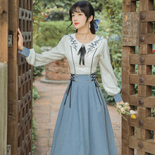 Load image into Gallery viewer, French Style Vintage Woman Dress Sweet Embroidery Peter Pan Collar Lantern Sleeve Bandage Mori Girl Dresses Vestidos Largos