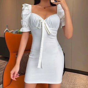 French Summer Dress Retro V-neck Puffy Sleeves Summer Sexy Tight Dress Women 2021 White Elegant Vintage Dress