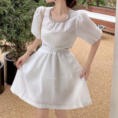 French Summer Women Vintage White Black Dresses Fashion Holiday Puff Sleeve Sexy Hollow Out Waist Party Robe Chain Slim Vestidos