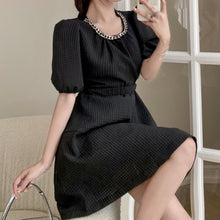 Load image into Gallery viewer, French Summer Women Vintage White Black Dresses Fashion Holiday Puff Sleeve Sexy Hollow Out Waist Party Robe Chain Slim Vestidos