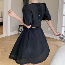 Load image into Gallery viewer, French Summer Women Vintage White Black Dresses Fashion Holiday Puff Sleeve Sexy Hollow Out Waist Party Robe Chain Slim Vestidos