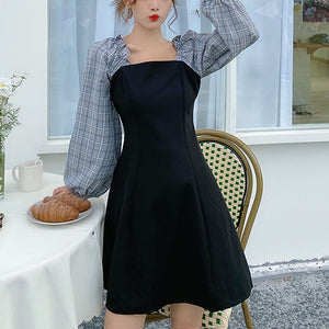 French Temperament Dress Women Square Neck Sweet Splicing Retro Plaid Little Black Dresses Female Autumn Slim Long-Sleeve Dress